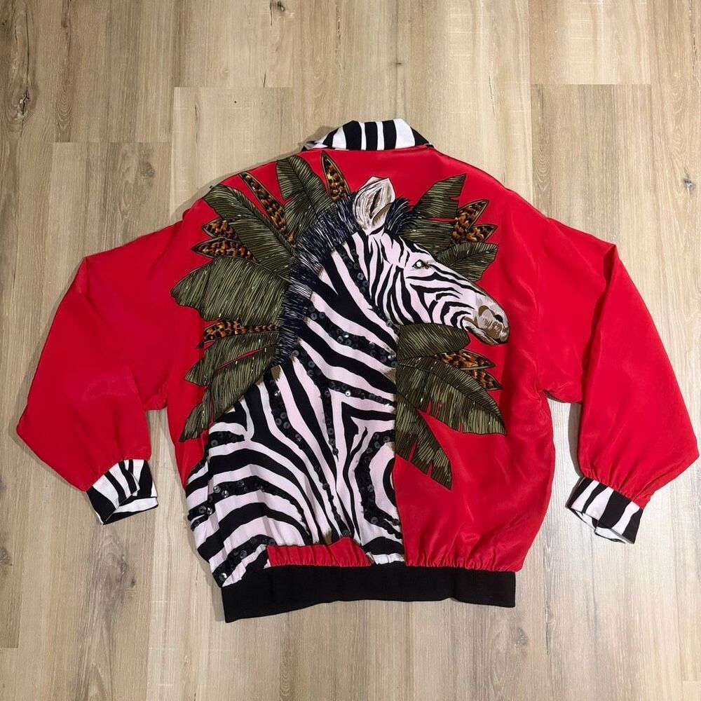 Vintage Cache Silk Zebra Bomber Jacket Sequin Animal 80s Oversized Luxury Sz L
